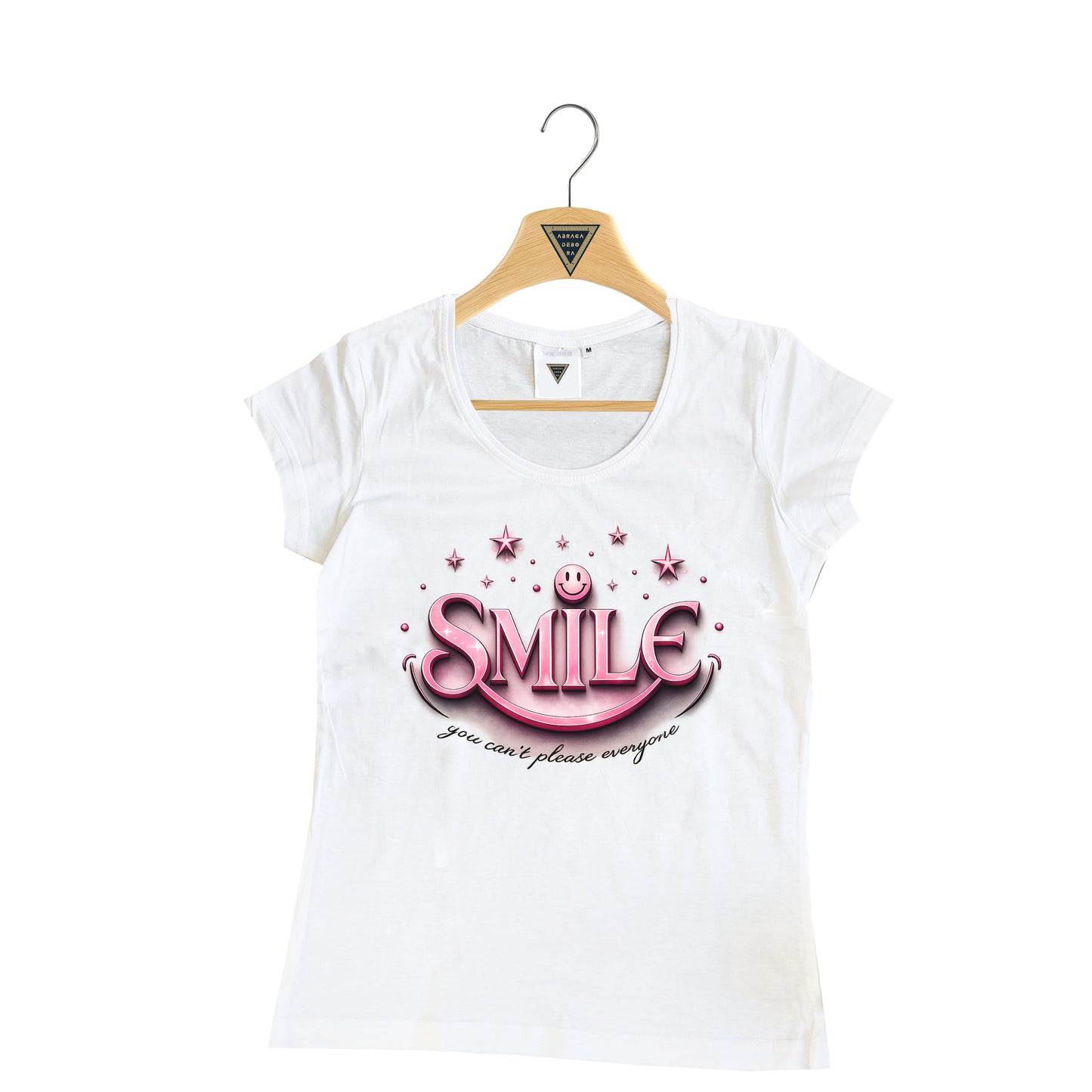 T-shirt donna “Smile – You can’t please everyone” maglietta rosa con scritta motivazionale