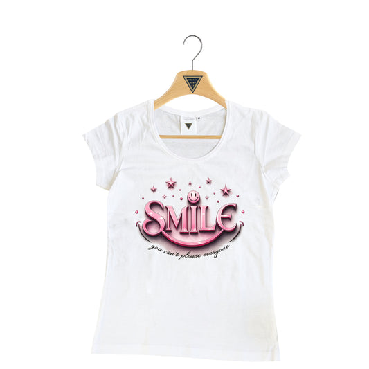 T-shirt donna “Smile – You can’t please everyone” maglietta rosa con scritta motivazionale